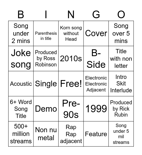 spotify bingo Card