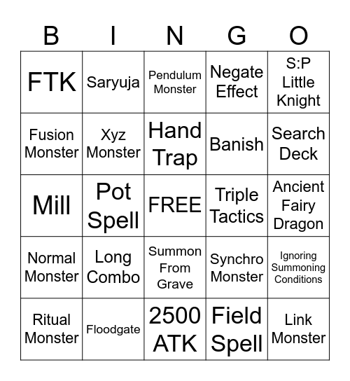 Yugioh Game Bingo Card