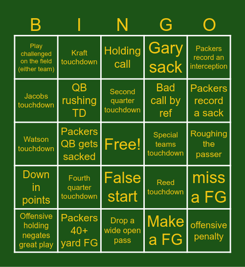 Week 12 vs 49ers Bingo Card