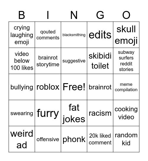 yt shorts Bingo Card