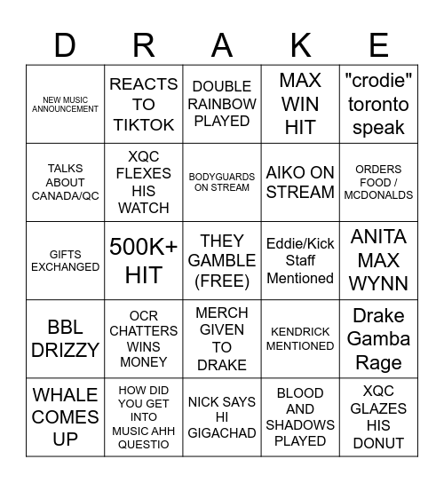 DRIZZY DIDDY XQ COW BINGO Card