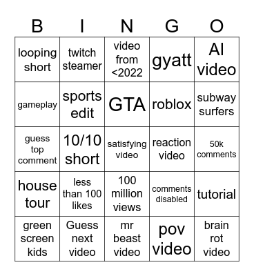 YouTube Shorts Bingo Card