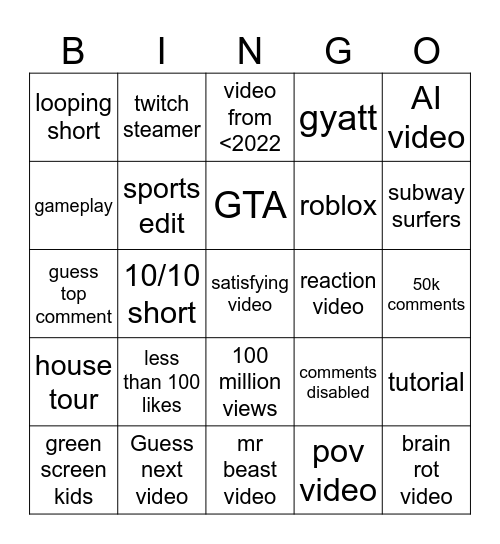 YouTube Shorts Bingo Card