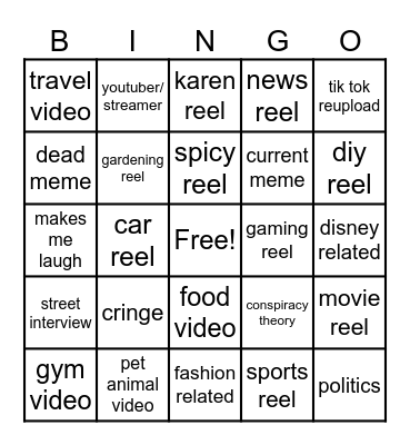 Instagram reel bingo Card