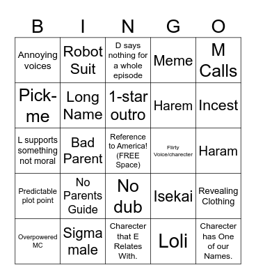 OurAnimeBingo.com Bingo Card