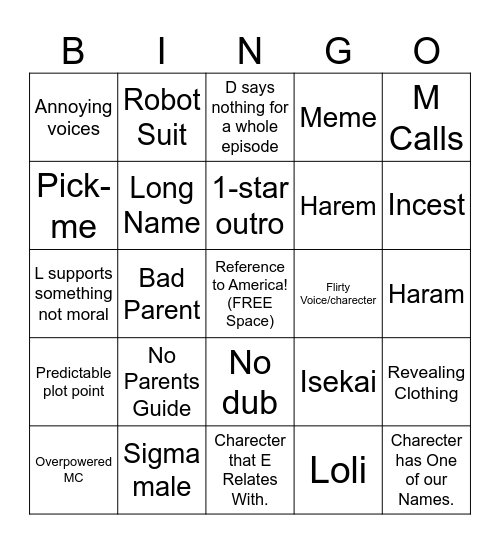 OurAnimeBingo.com Bingo Card