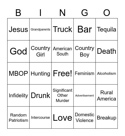 Country Music Bingo Card