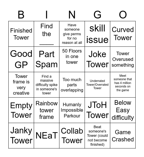 Tower Creator Bingo Card