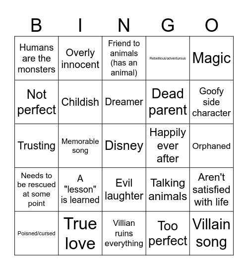 Princess Movie Bingo Card