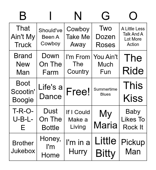 90's Country Bingo Card