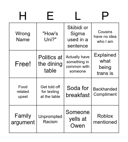 Family Reunion Bingo Card