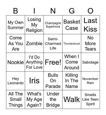 Rockin 90's Bingo Card