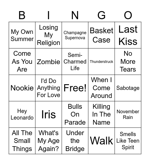 Rockin 90's Bingo Card