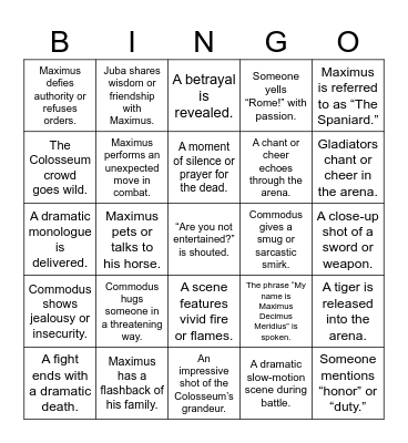 Gladiator Bingo Card