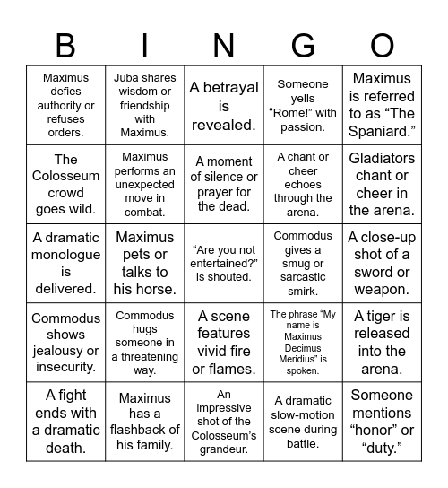 Gladiator Bingo Card