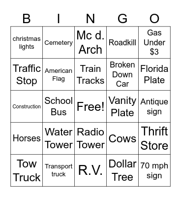 Road Trip Bingo Card