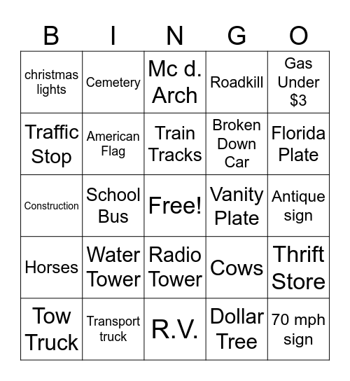 Road Trip Bingo Card