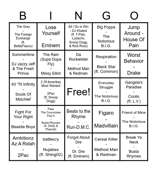 Hip-Hop Mix #1 Bingo Card