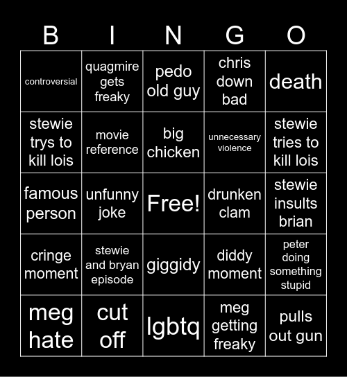 Family guy Bingo Card