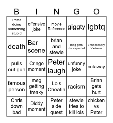 Family guy bingo Card