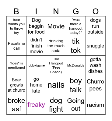 Hangout Happenings Bingo Card