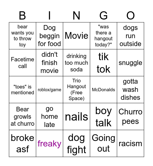 Hangout Happenings Bingo Card