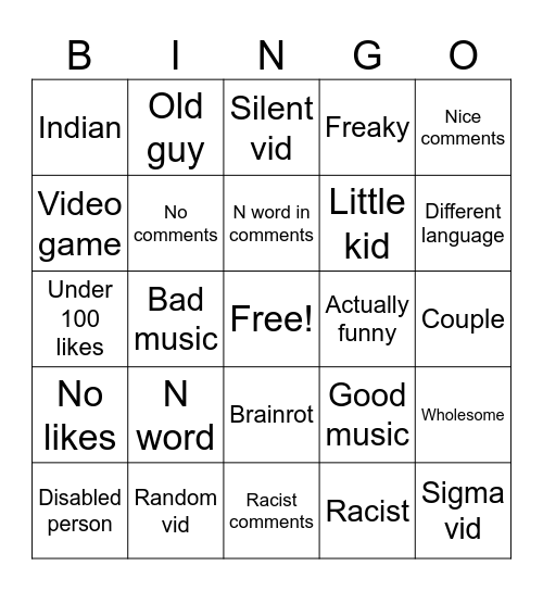 Instagram reels Bingo Card