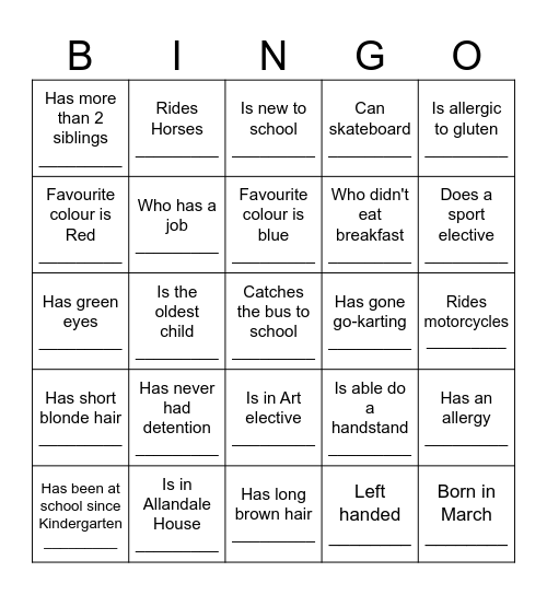 Class Bingo Card