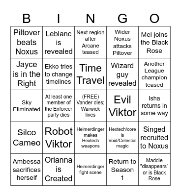 Arcane S2 Act 3 Bingo Card