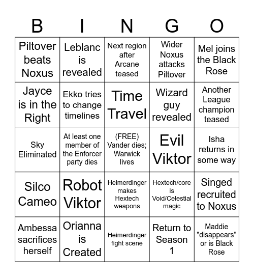 Arcane S2 Act 3 Bingo Card