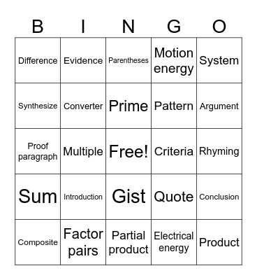 4th Grade Bingo Card