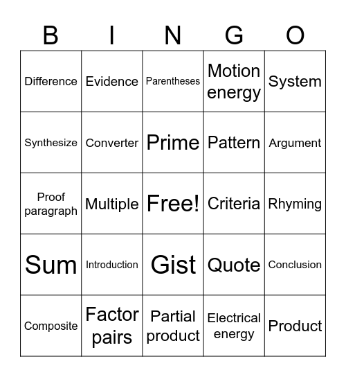 4th Grade Bingo Card