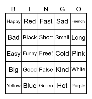 Adjectives Bingo Card