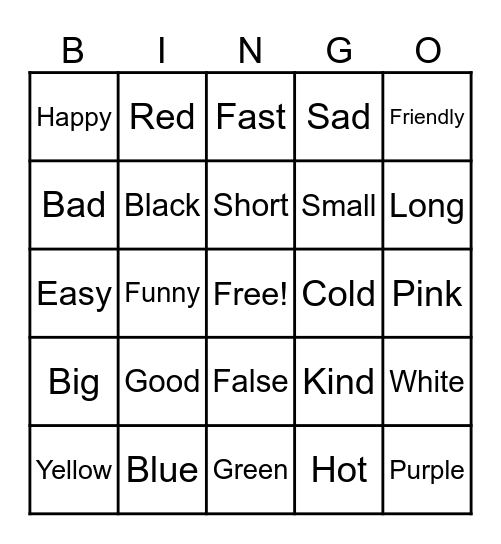 Adjectives Bingo Card