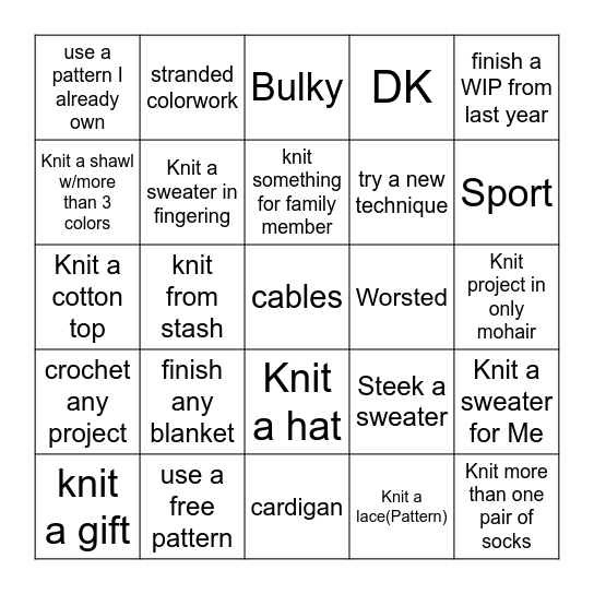 Knitting Bingo Card