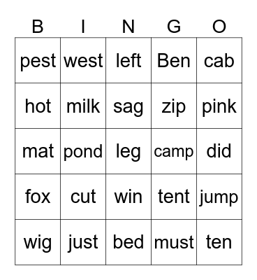 CVC+CVCC+CCVC+Sight Words Bingo Card