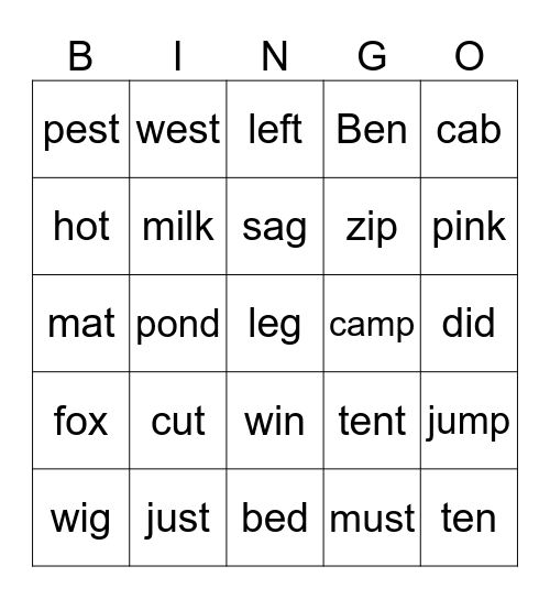 CVC+CVCC+CCVC+Sight Words Bingo Card