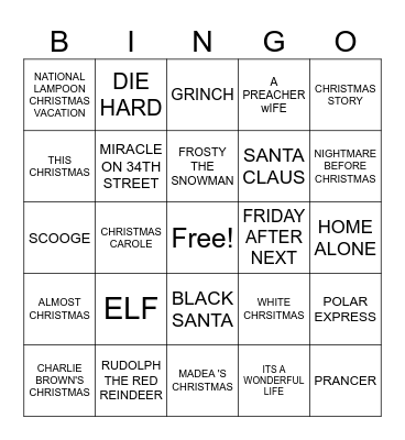 Christmas Movies Bingo Card