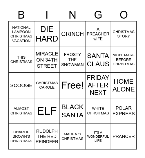 Christmas Movies Bingo Card