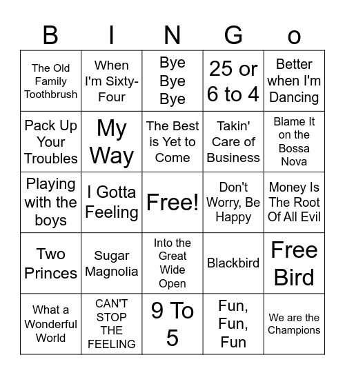 Retirement Song Bingo Card