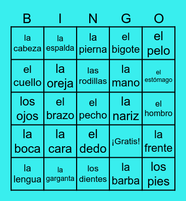 Las Partes de Cuerpo Bingo Card