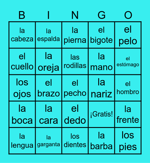 Las Partes de Cuerpo Bingo Card