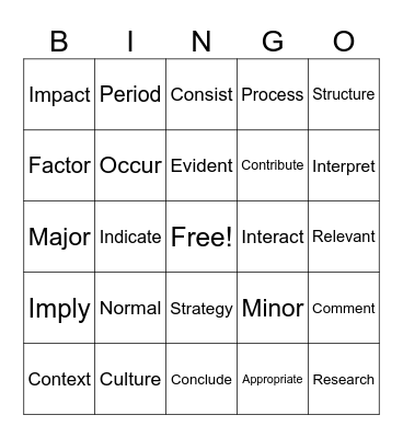 Vocabulary Review Bingo Card