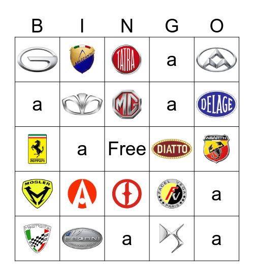 Car brands Bingo Card