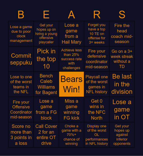 Chicago Bears Bingo Card Bingo Card