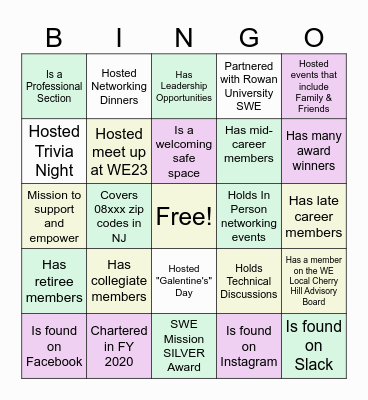 SWE Southern NJ Bingo Night! Bingo Card