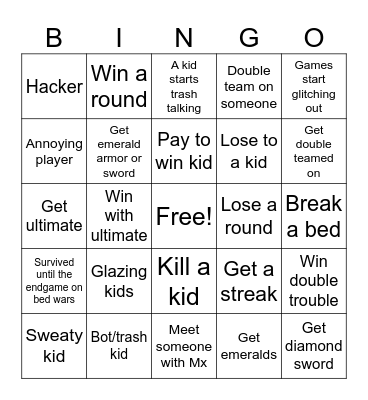 Roblox games Bingo Card