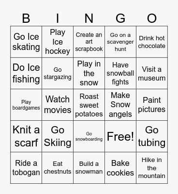 Winter Activities Bingo Card