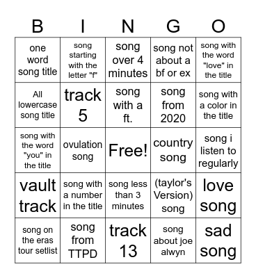 Taylor Swift Bingo Card