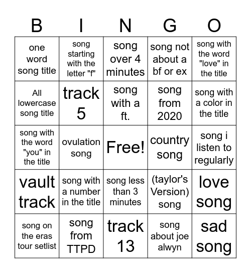 Taylor Swift Bingo Card